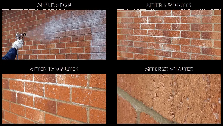 Four stages of masonry crème curing on brickwork