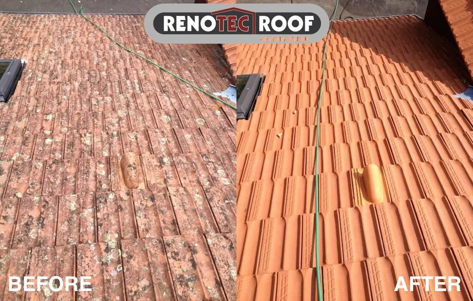 Roof tiles before and after RENOTEC coating, side by side